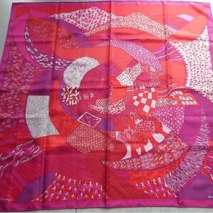 HERMES Silk “A Travers Champs” Scarf in Fuchsia, Rouge and Rose